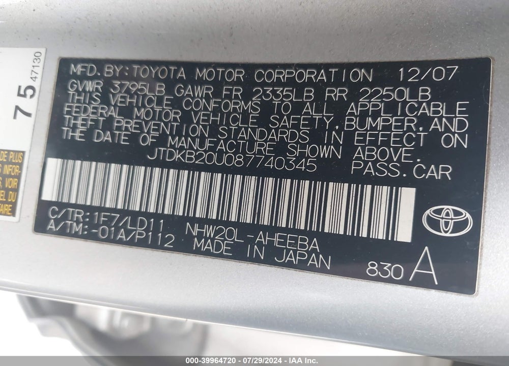 2008 TOYOTA PRIUS VIN: JTDKB20U087740345