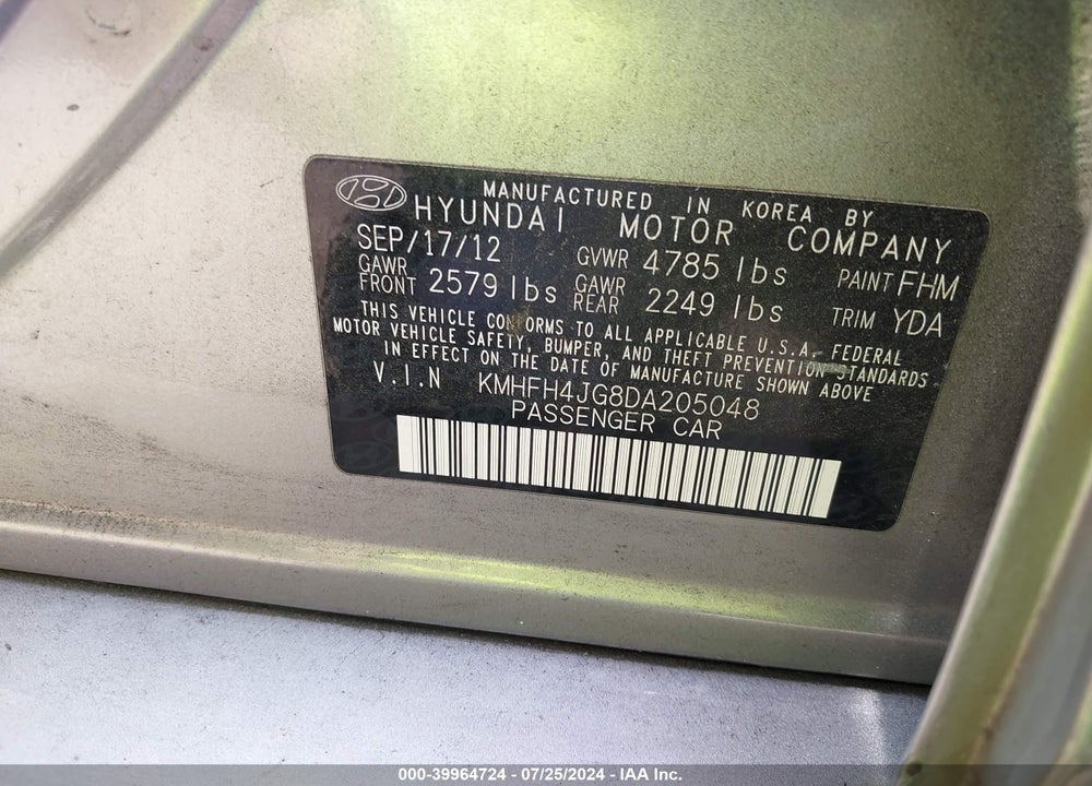 2013 HYUNDAI AZERA VIN: KMHFH4JG8DA205048