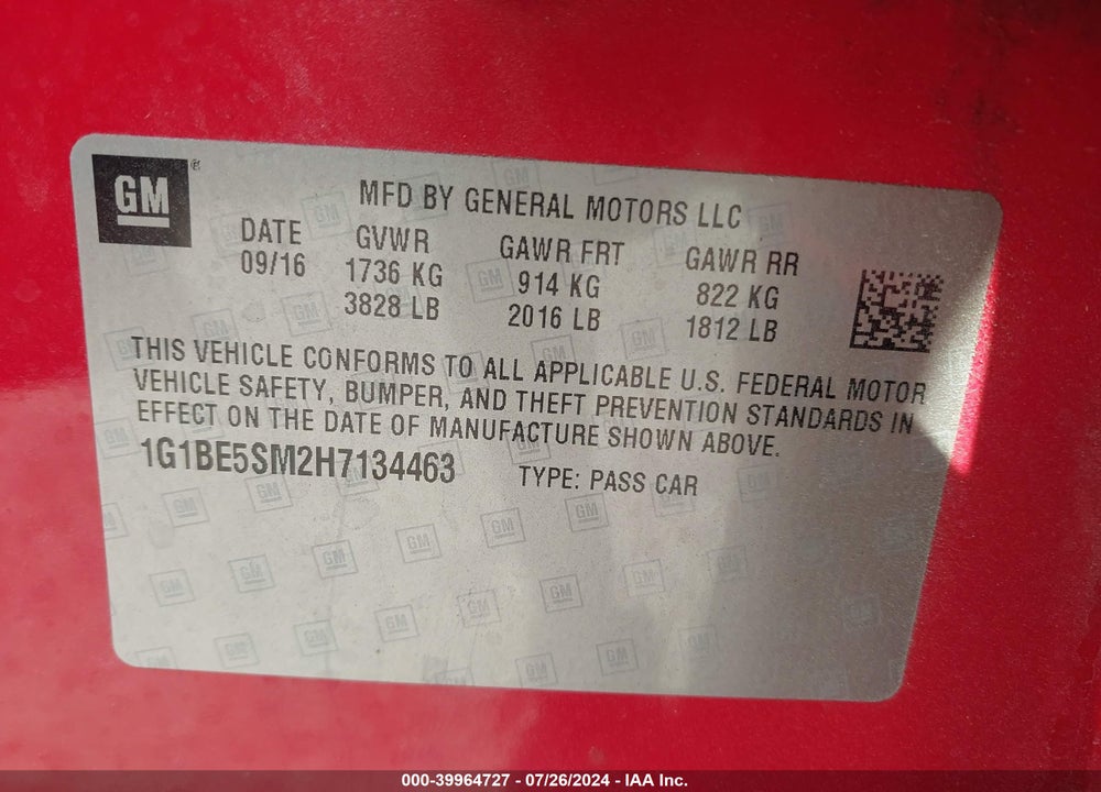 2017 CHEVROLET CRUZE LT AUTO VIN: 1G1BE5SM2H7134463