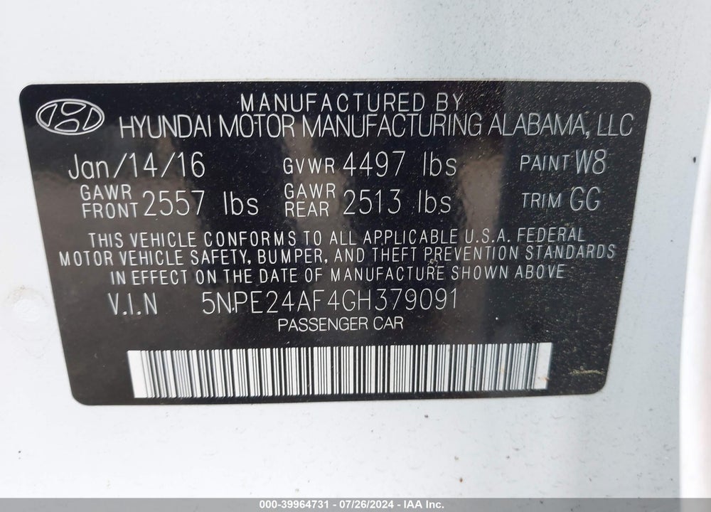 2016 HYUNDAI SONATA SE VIN: 5NPE24AF4GH379091