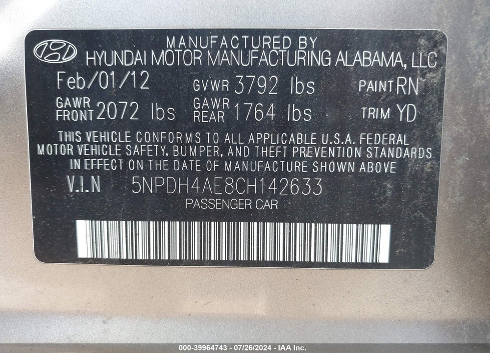 2012 HYUNDAI ELANTRA GLS PZEV VIN: 5NPDH4AE8CH142633