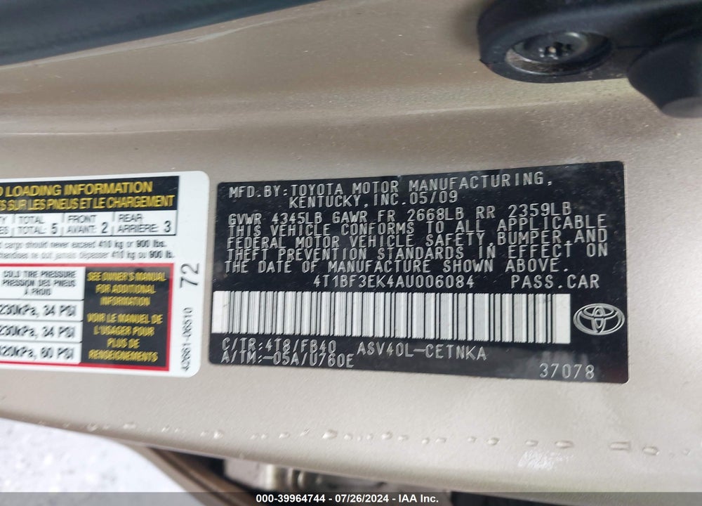2010 TOYOTA CAMRY LE VIN: 4T1BF3EK4AU006084