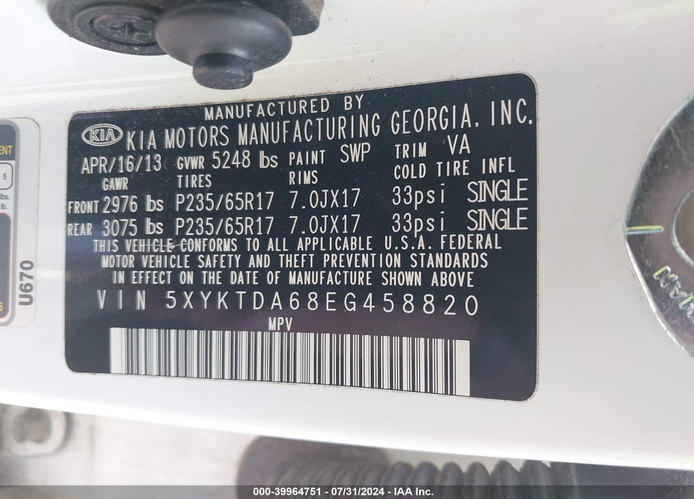 2014 KIA SORENTO LX VIN: 5XYKTDA68EG458820