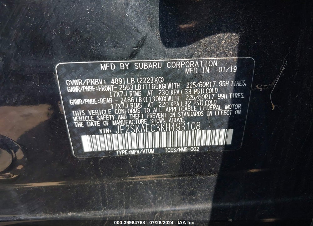 2019 SUBARU FORESTER PREMIUM VIN: JF2SKAEC3KH493108