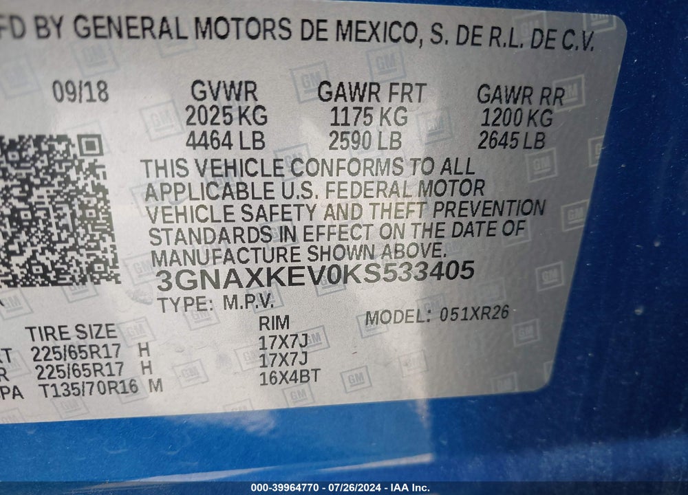 2019 CHEVROLET EQUINOX LT VIN: 3GNAXKEV0KS533405