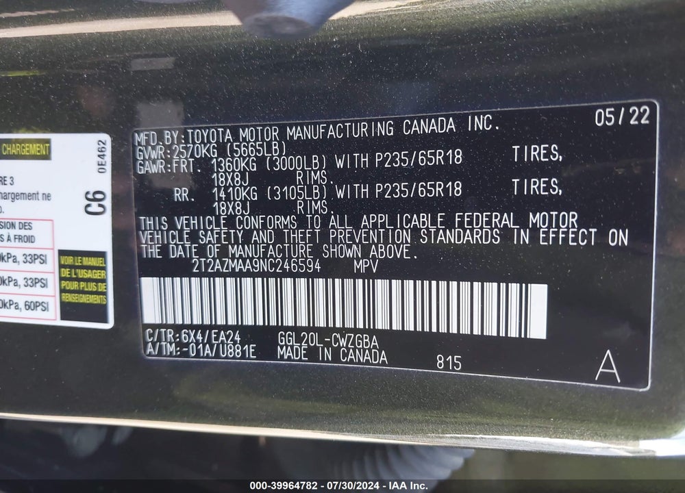 2022 LEXUS RX 350 VIN: 2T2AZMAA9NC246594