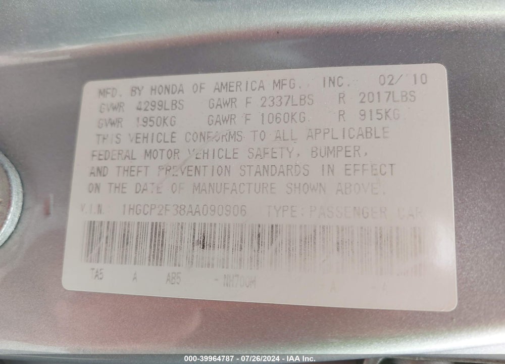 2010 HONDA ACCORD VIN: 1HGCP2F38AA090906