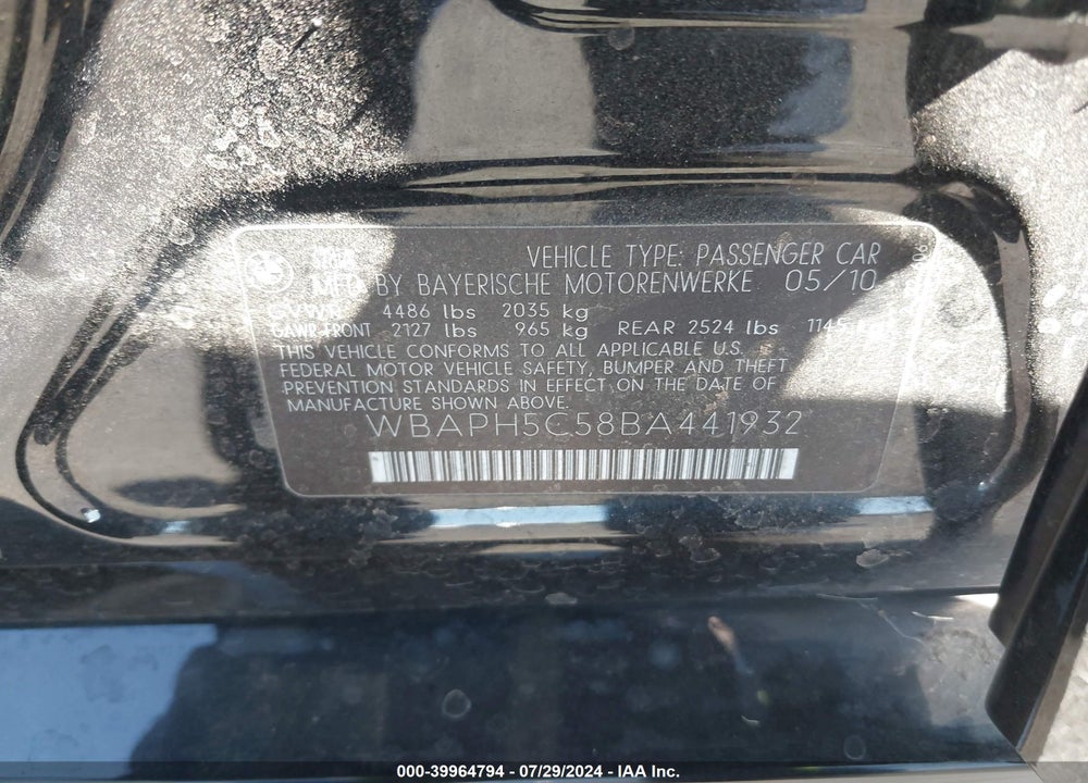 2011 BMW 328I VIN: WBAPH5C58BA441932