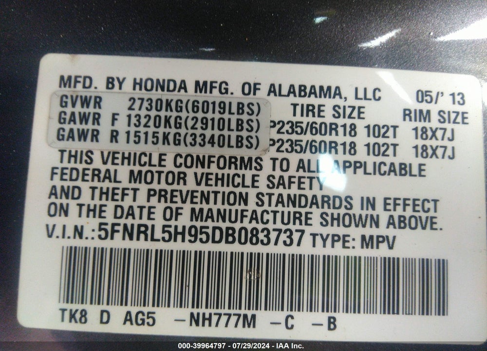 2013 HONDA ODYSSEY TOURING/TOURING ELITE VIN: 5FNRL5H95DB083737