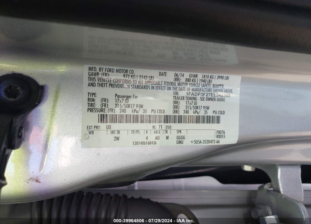 2014 FORD FOCUS SE VIN: 1FADP3F27EL342385