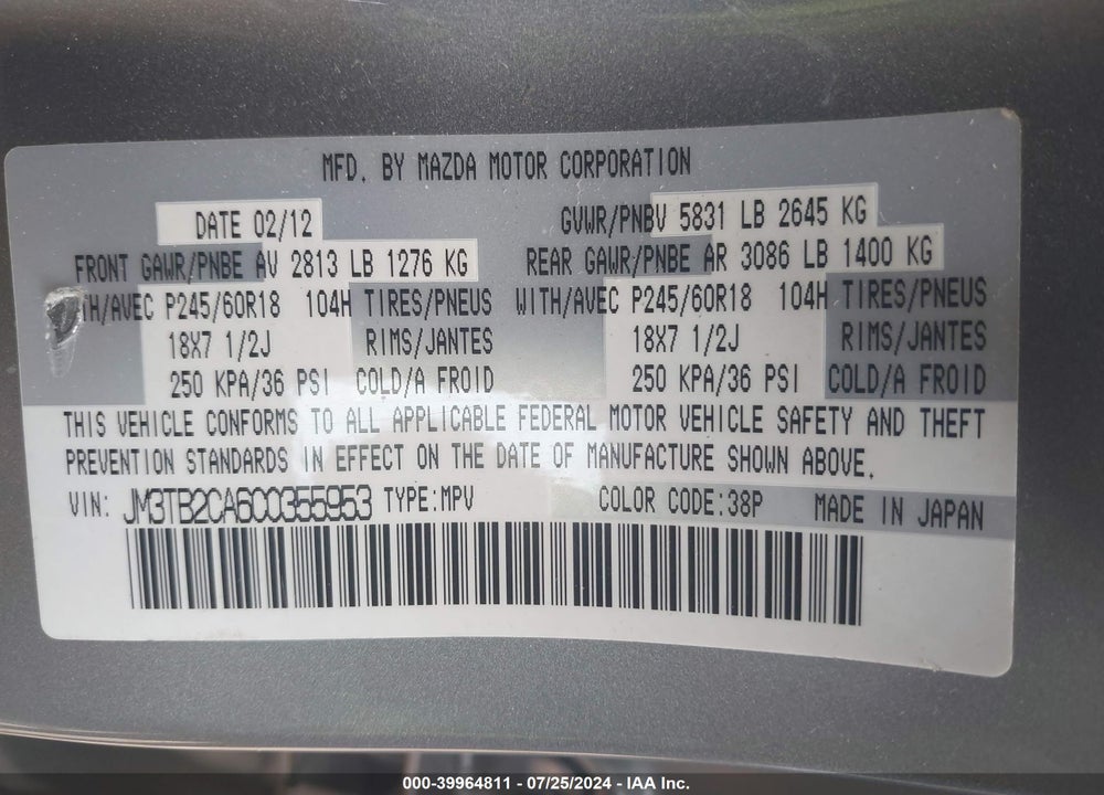 2012 MAZDA CX-9 TOURING VIN: JM3TB2CA6C0355953