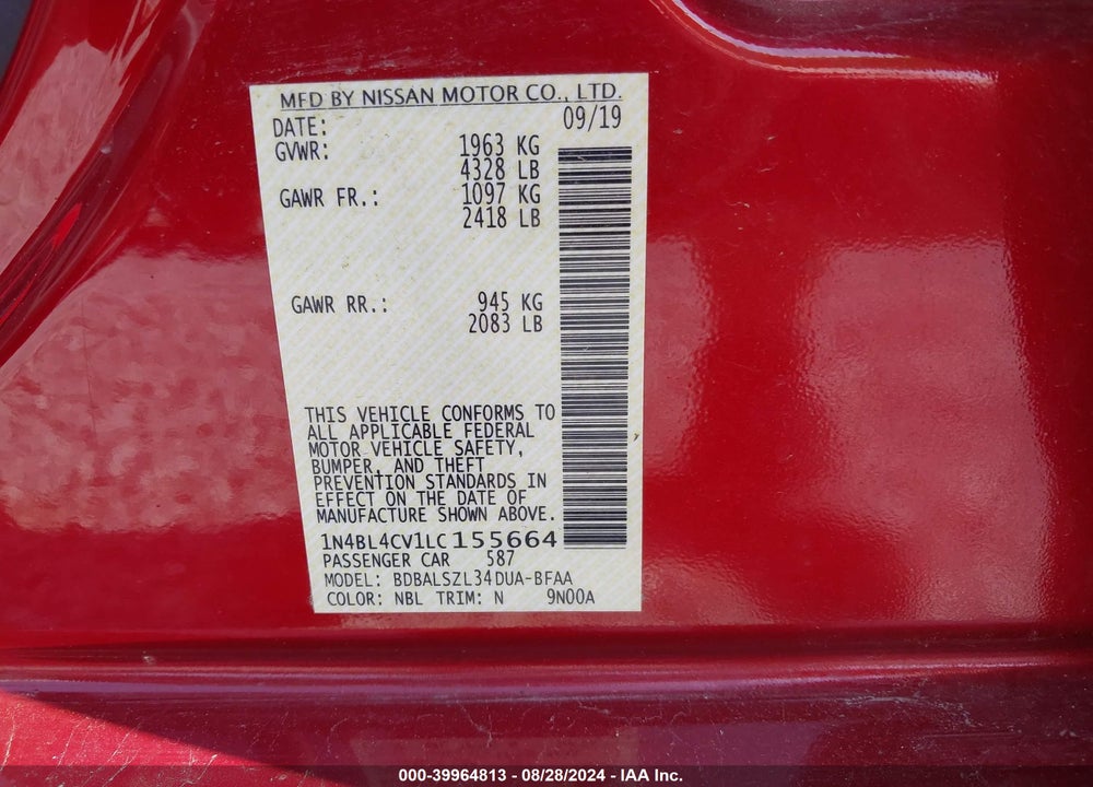 2020 NISSAN ALTIMA SR FWD VIN: 1N4BL4CV1LC155664