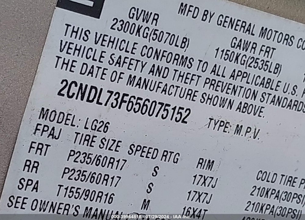 2005 CHEVROLET EQUINOX LT VIN: 2CNDL73F656075152