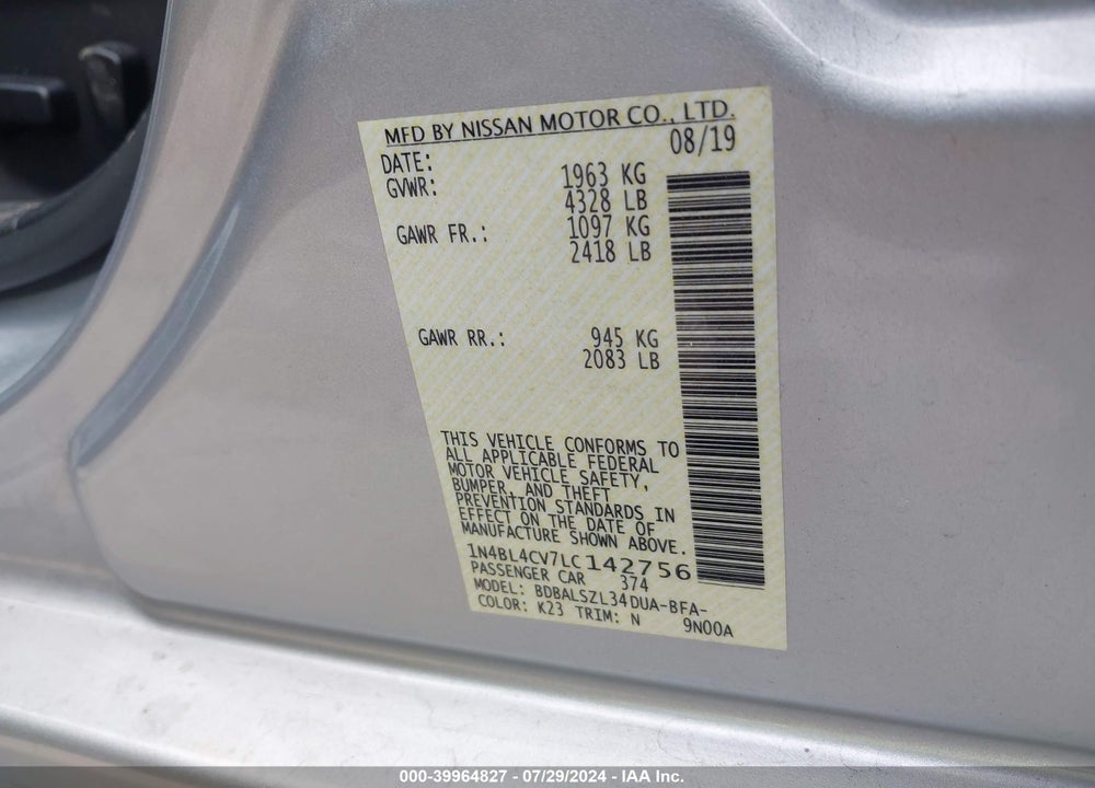 2020 NISSAN ALTIMA SR FWD VIN: 1N4BL4CV7LC142756