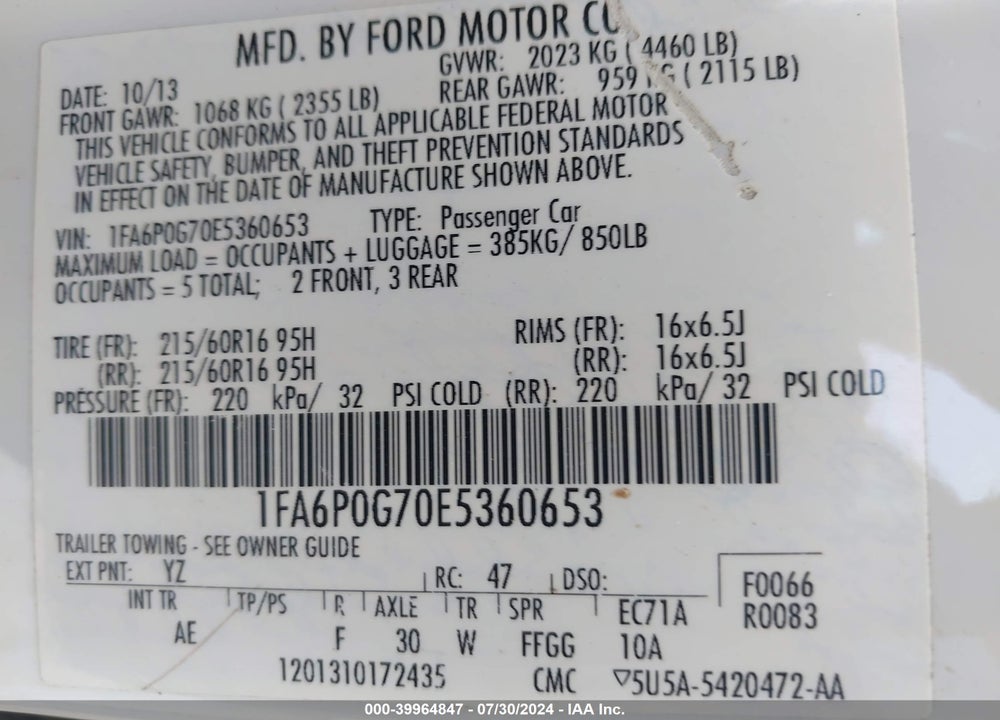 2014 FORD FUSION S VIN: 1FA6P0G70E5360653