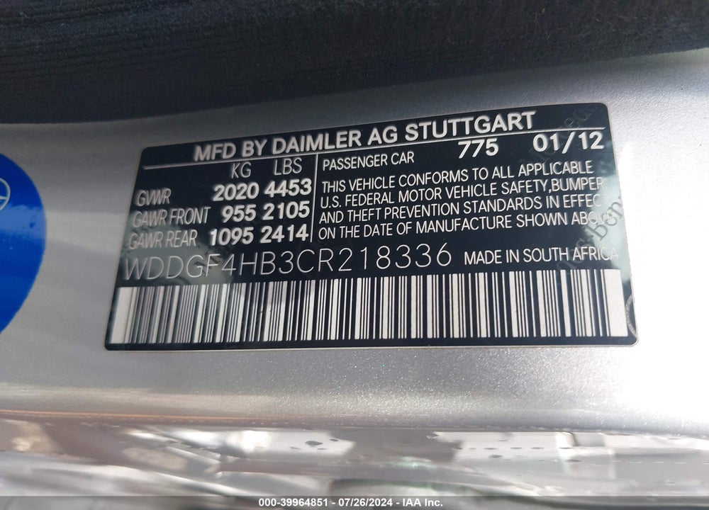 2012 MERCEDES-BENZ C 250 LUXURY/SPORT VIN: WDDGF4HB3CR218336