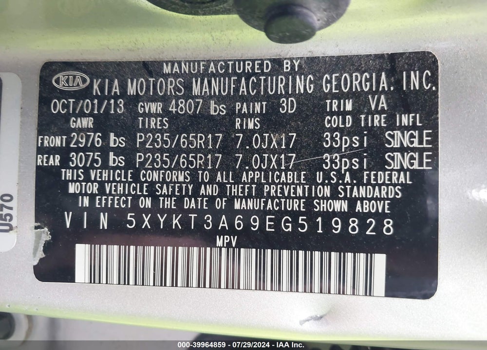 2014 KIA SORENTO LX VIN: 5XYKT3A69EG519828