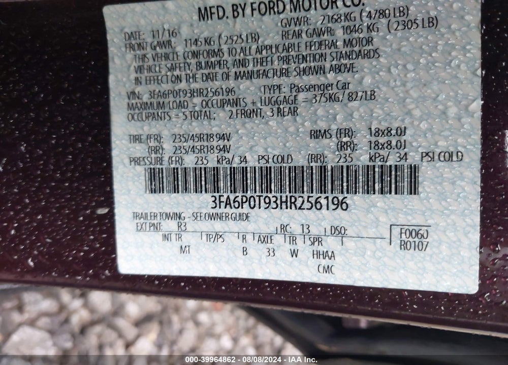 2017 FORD FUSION SE VIN: 3FA6P0T93HR256196