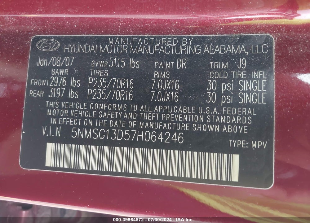 2007 HYUNDAI SANTA FE GLS VIN: 5NMSG13D57H064246