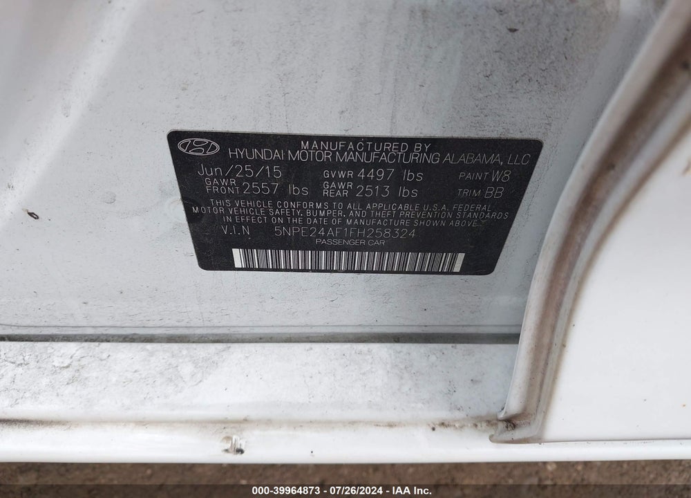 2015 HYUNDAI SONATA SE VIN: 5NPE24AF1FH258324