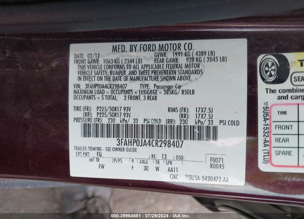 2012 FORD FUSION SEL VIN: 3FAHP0JA4CR298407