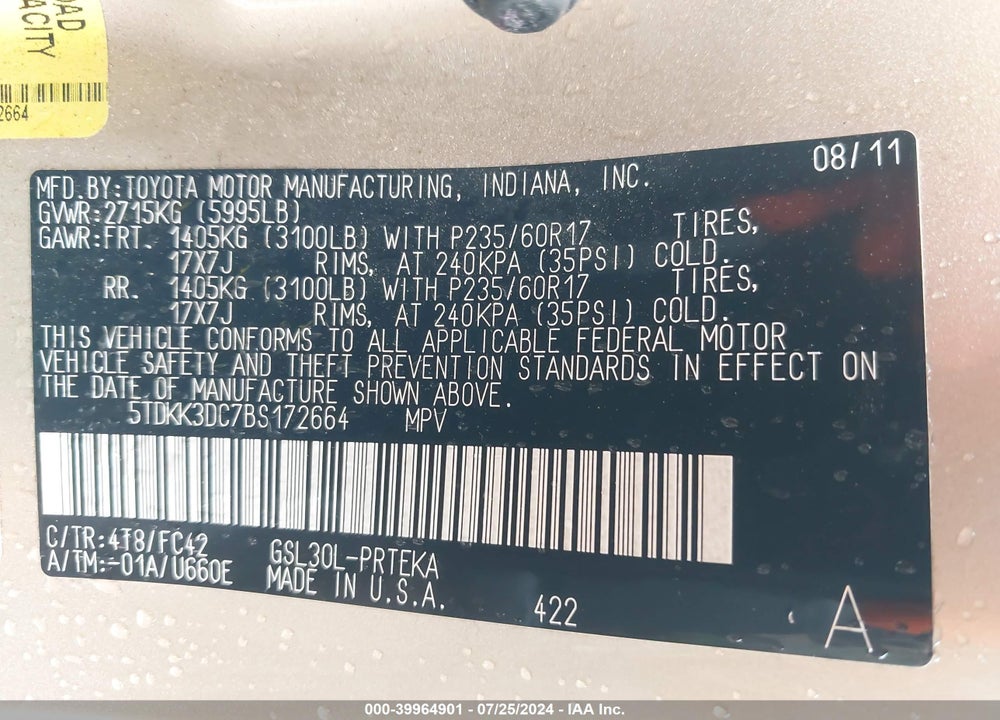 2011 TOYOTA SIENNA LE V6 VIN: 5TDKK3DC7BS172664