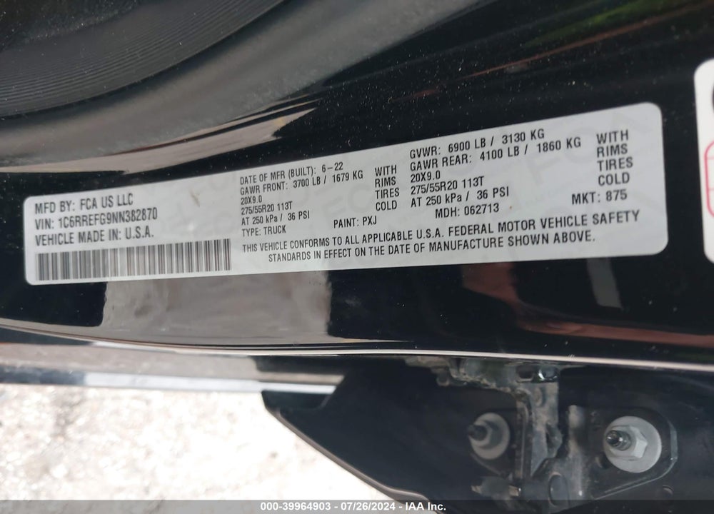 2022 RAM 1500 LONE STAR 4X2 5'7 BOX VIN: 1C6RREFG9NN382870