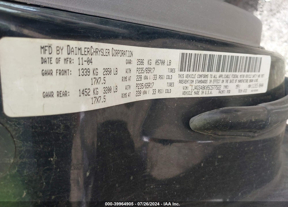 2005 JEEP GRAND CHEROKEE LAREDO VIN: 1J4GS48K05C577522