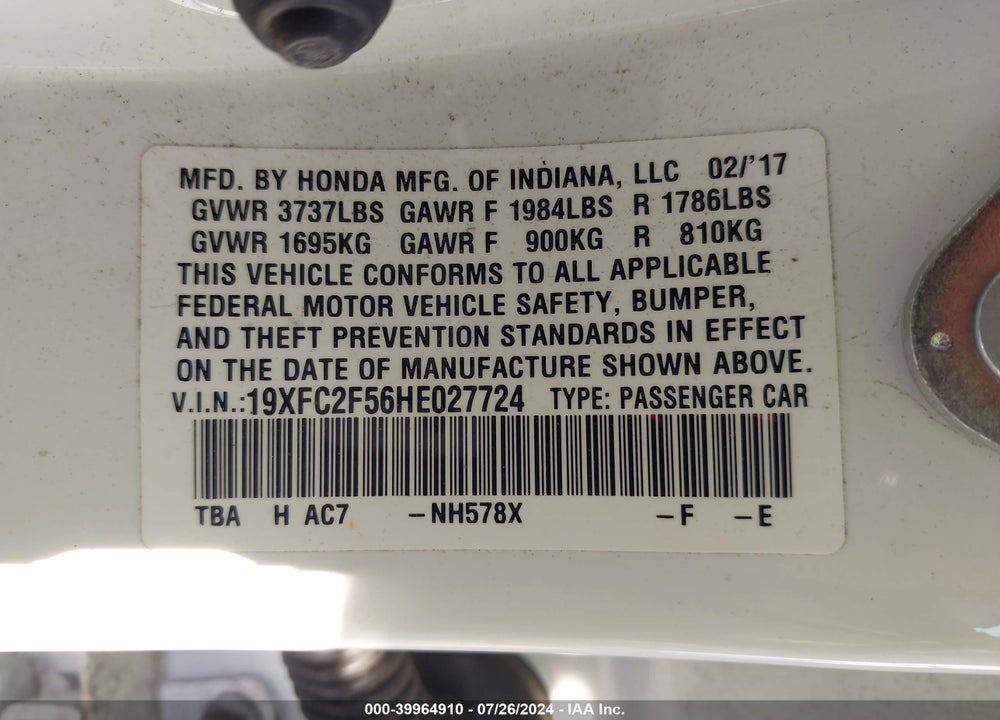 2017 HONDA CIVIC LX VIN: 19XFC2F56HE027724
