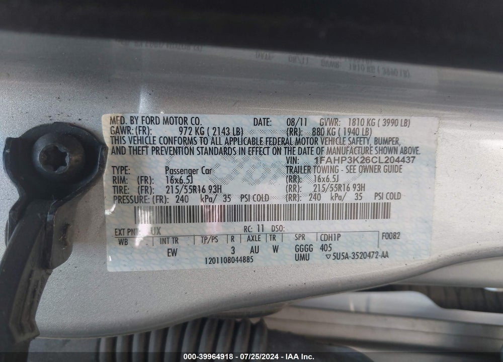2012 FORD FOCUS SE VIN: 1FAHP3K26CL204437