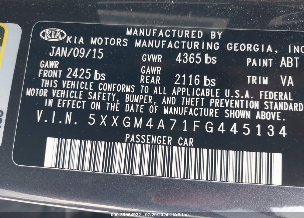 2015 KIA OPTIMA LX VIN: 5XXGM4A71FG445134
