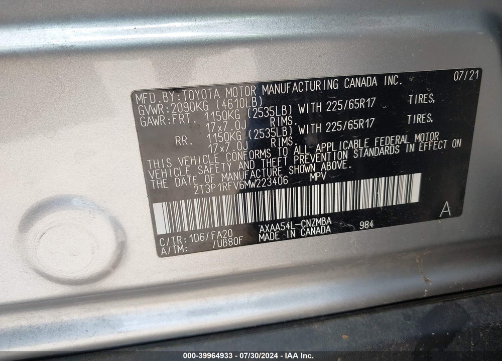 2021 TOYOTA RAV4 XLE VIN: 2T3P1RFV6MW223406