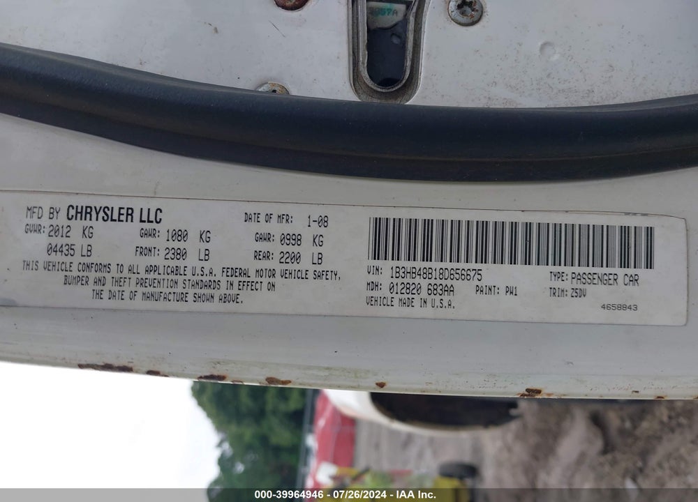 2008 DODGE CALIBER SXT VIN: 1B3HB48B18D656675