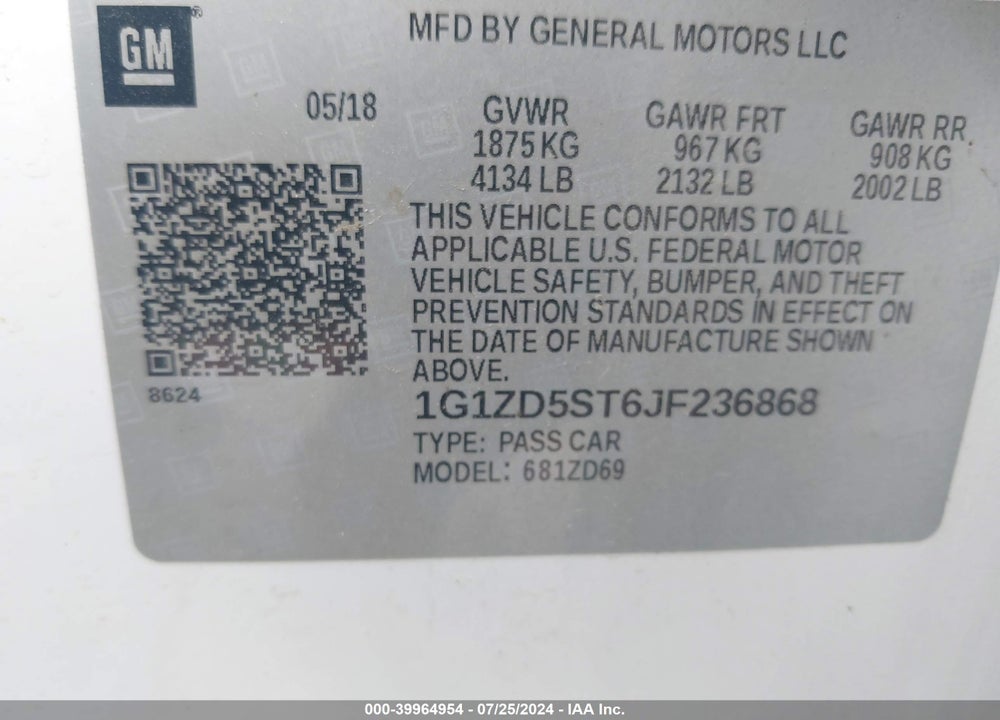 2018 CHEVROLET MALIBU LT VIN: 1G1ZD5ST6JF236868