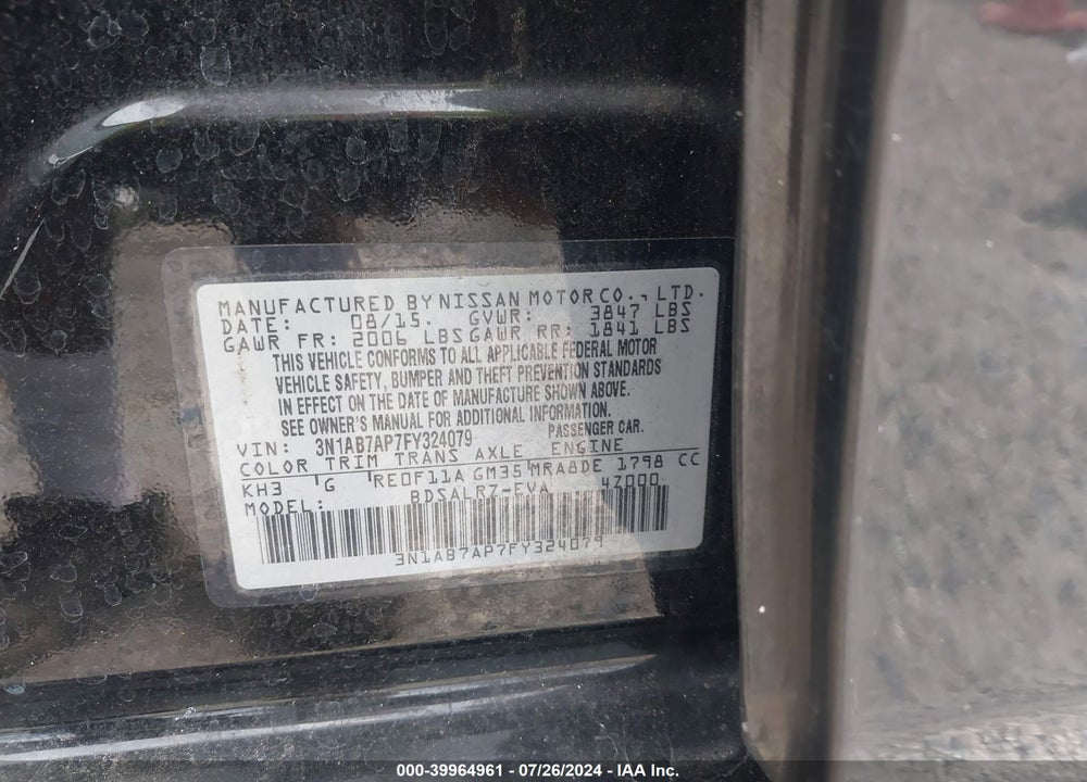 2015 NISSAN SENTRA SR VIN: 3N1AB7AP7FY324079