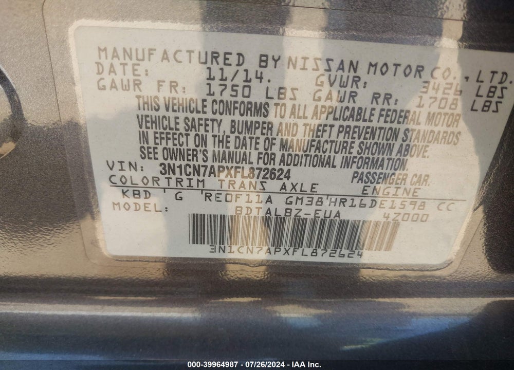 2015 NISSAN VERSA 1.6 SV VIN: 3N1CN7APXFL872624