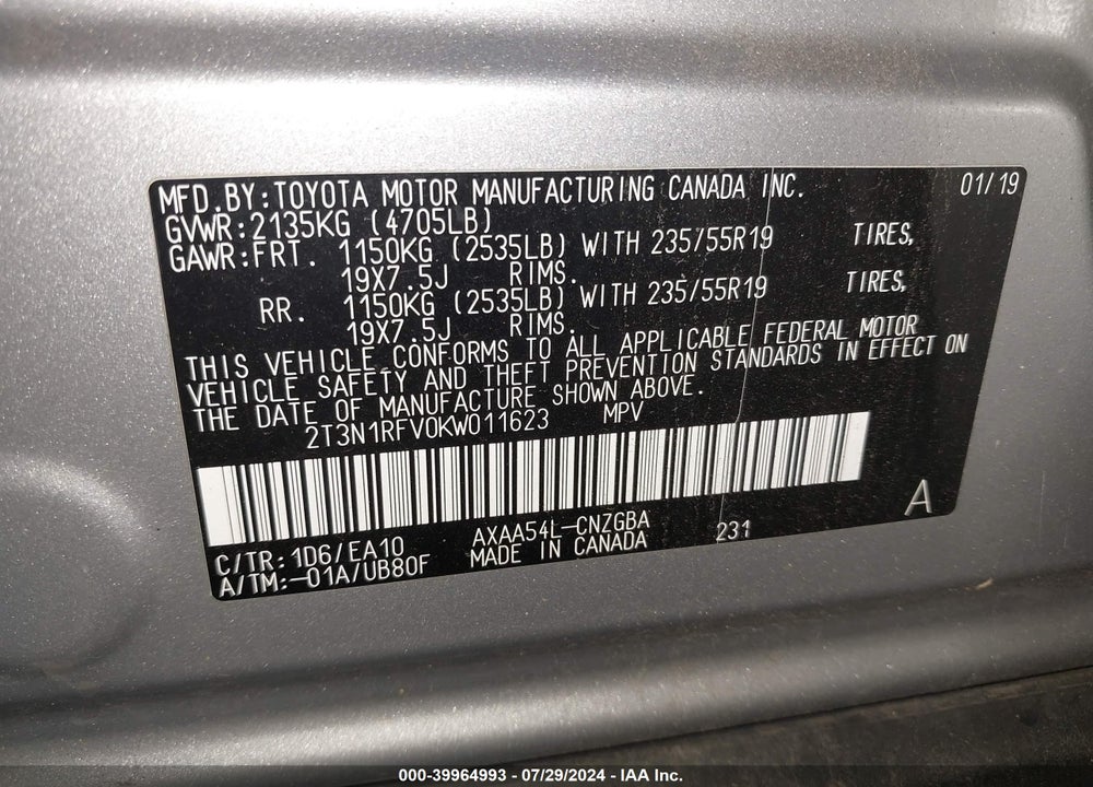 2019 TOYOTA RAV4 LIMITED VIN: 2T3N1RFV0KW011623