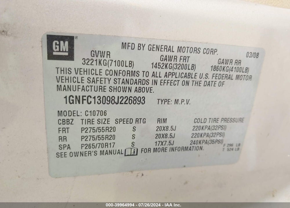 2008 CHEVROLET TAHOE LT VIN: 1GNFC13098J226893