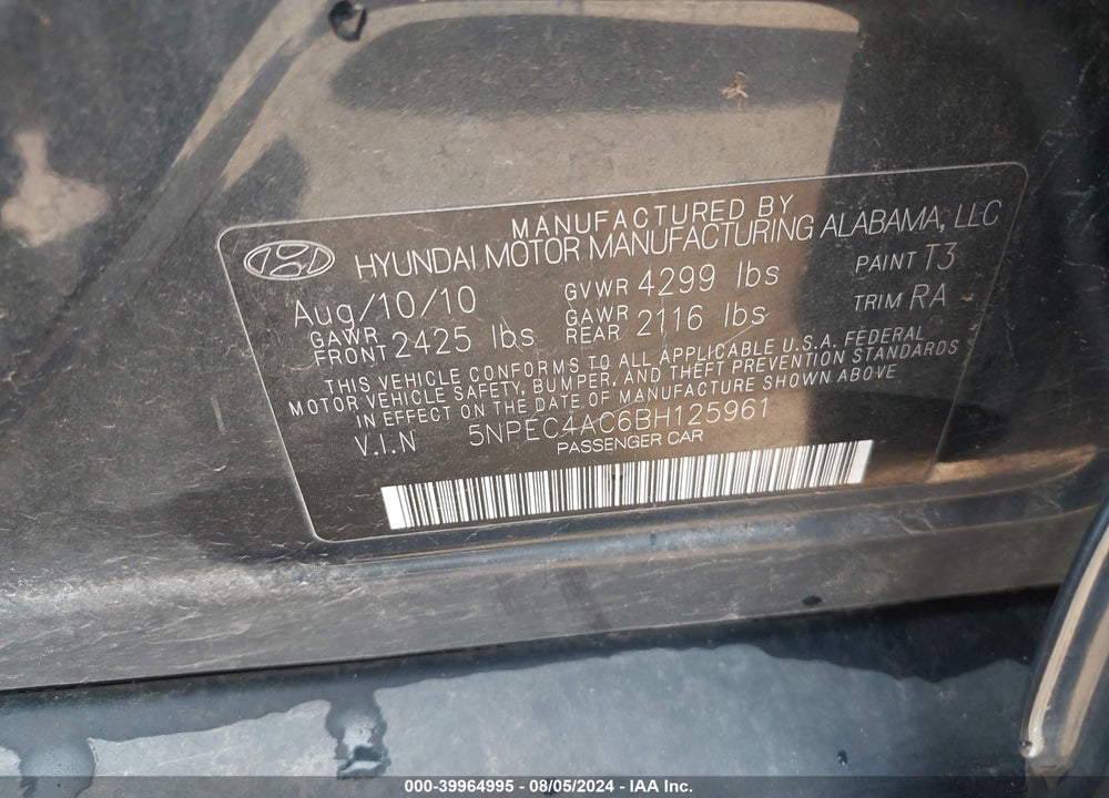 2011 HYUNDAI SONATA SE VIN: 5NPEC4AC6BH125961