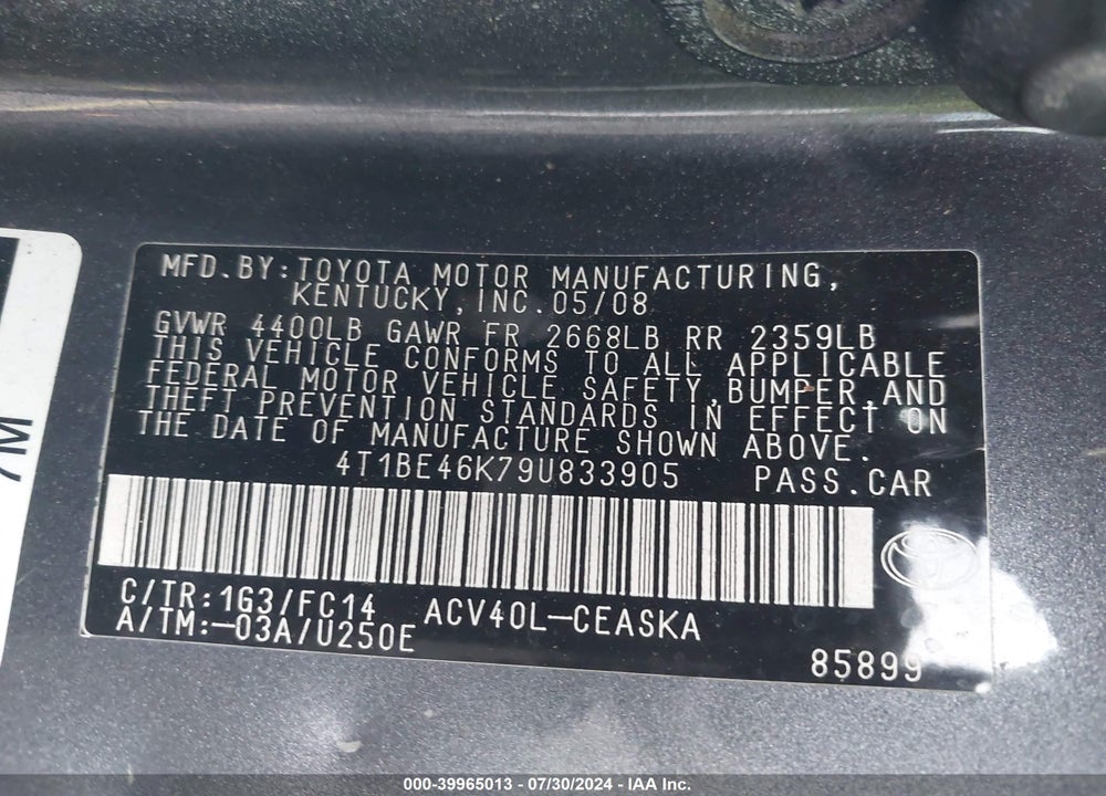 2009 TOYOTA CAMRY SE VIN: 4T1BE46K79U833905