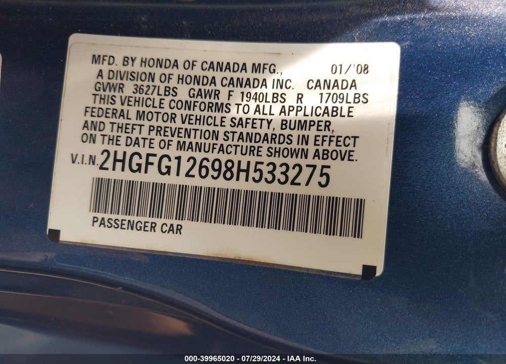 2008 HONDA CIVIC LX VIN: 2HGFG12698H533275