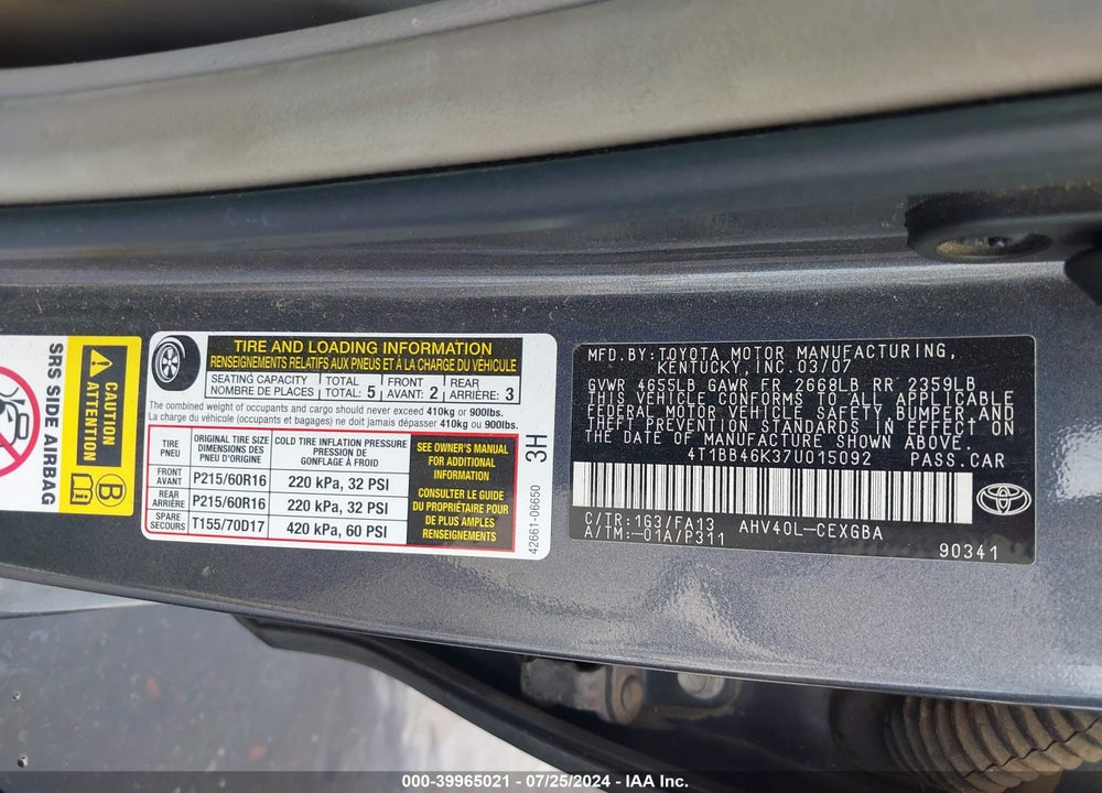 2007 TOYOTA CAMRY HYBRID VIN: 4T1BB46K37U015092