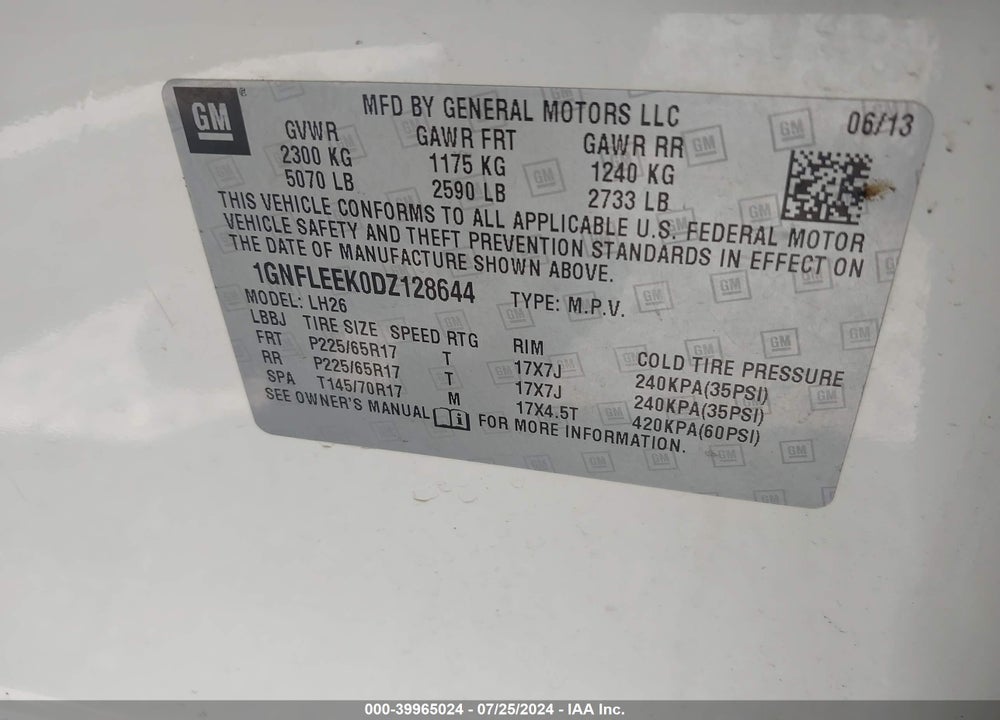 2013 CHEVROLET EQUINOX 1LT VIN: 1GNFLEEK0DZ128644