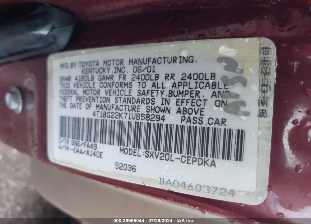 2001 TOYOTA CAMRY CE VIN: 4T1BG22K71U858294