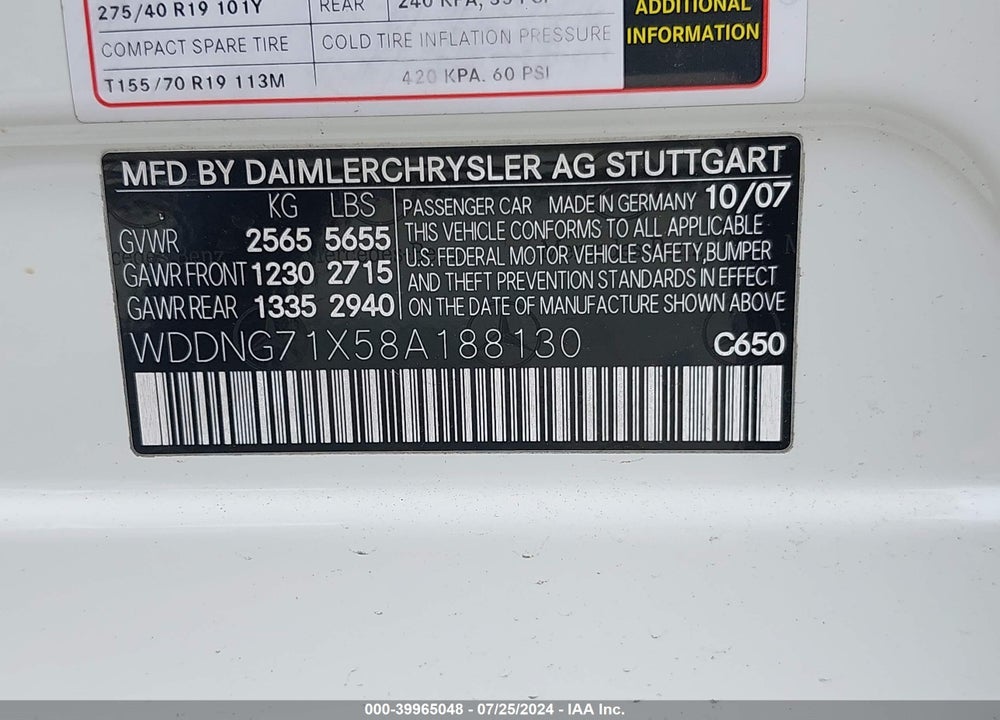 2008 MERCEDES-BENZ S 550 VIN: WDDNG71X58A188130
