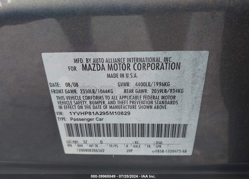 2009 MAZDA 6 I SPORT VIN: 1YVHP81A295M10829