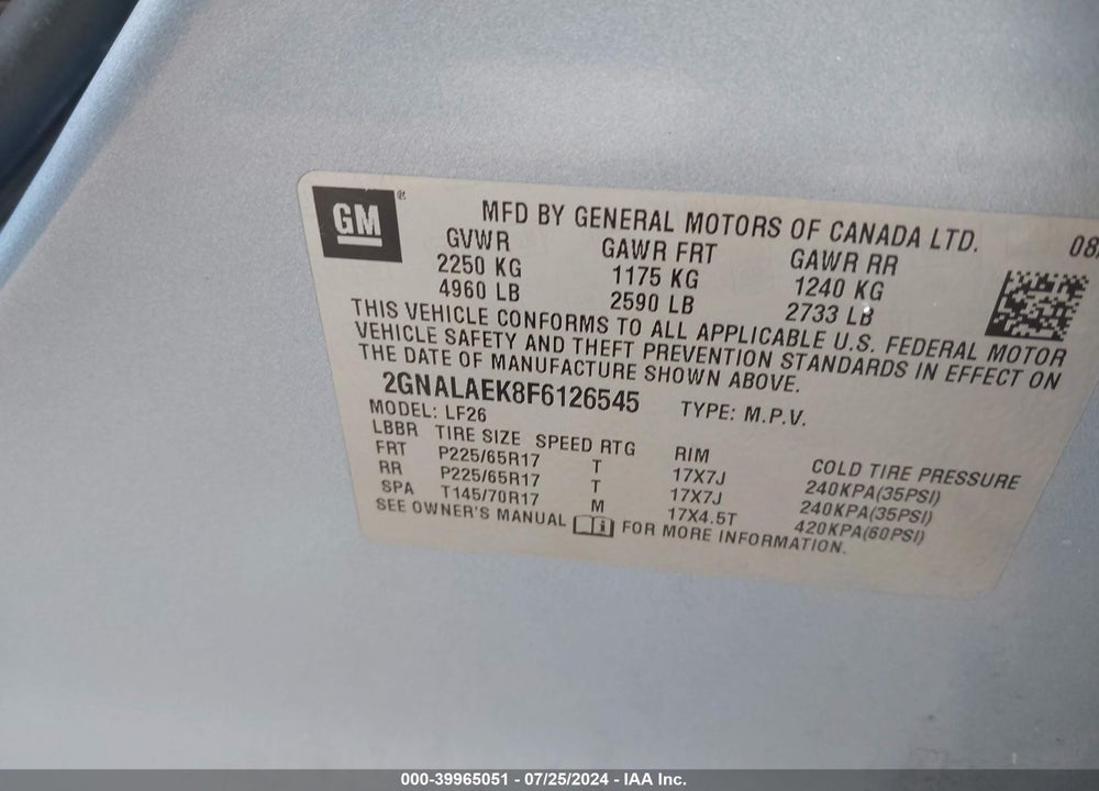 2015 CHEVROLET EQUINOX LS VIN: 2GNALAEK8F6126545