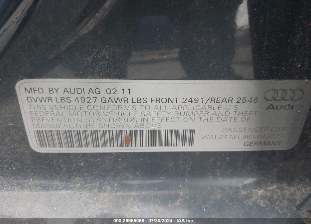 2011 AUDI A4 2.0T PREMIUM VIN: WAUFFAFL9BN043027