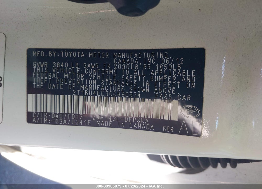 2012 TOYOTA COROLLA L/LE/S VIN: 2T1BU4EE3CC890934