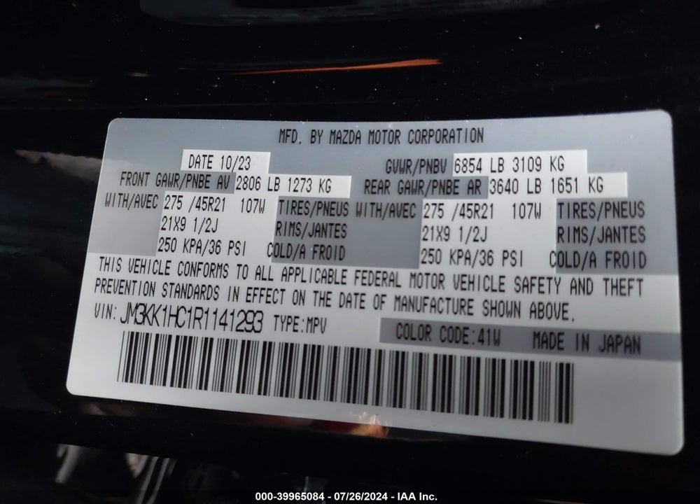 2024 MAZDA CX-90 VIN: JM3KK1HC1R1141293